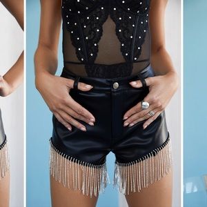 Black Leather rhinestone fringe shorts